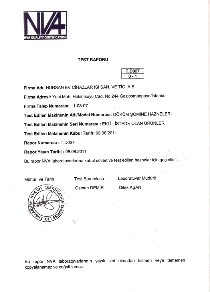 Döküm Şömine Hazneleri Test Raporları